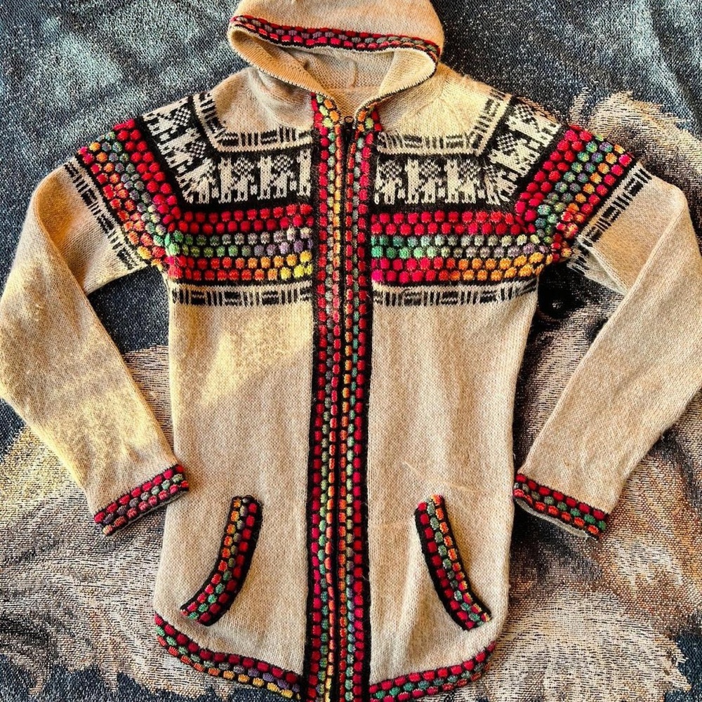 Vintage knit cardigan hoodie sweater made from alpaca fibers